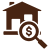 Home with magnifying glass looking at dollar sign